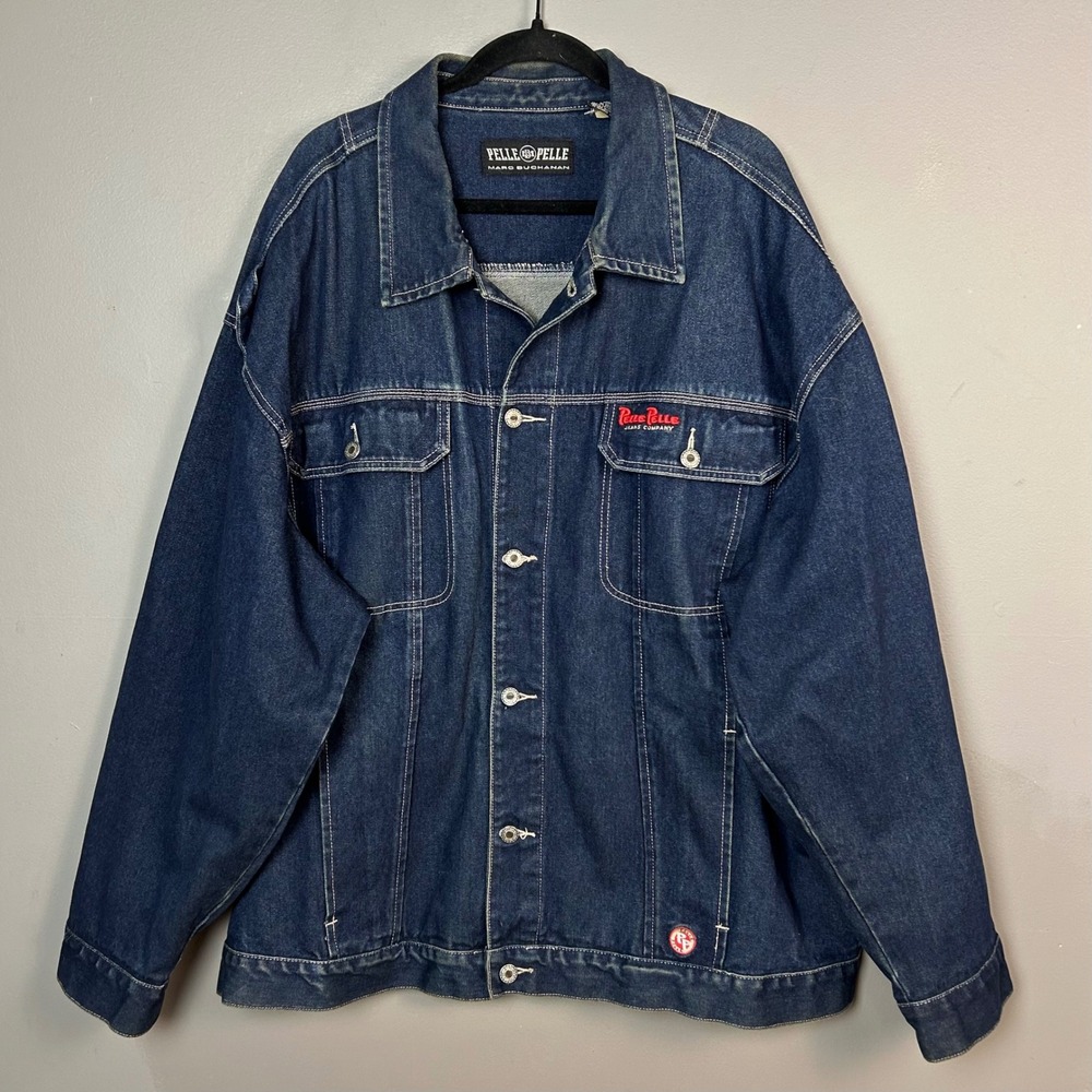 Pelle Pelle Classic Denim Jacket Mens XXL 2XL Blue Logo VTG HipHop Streetwear